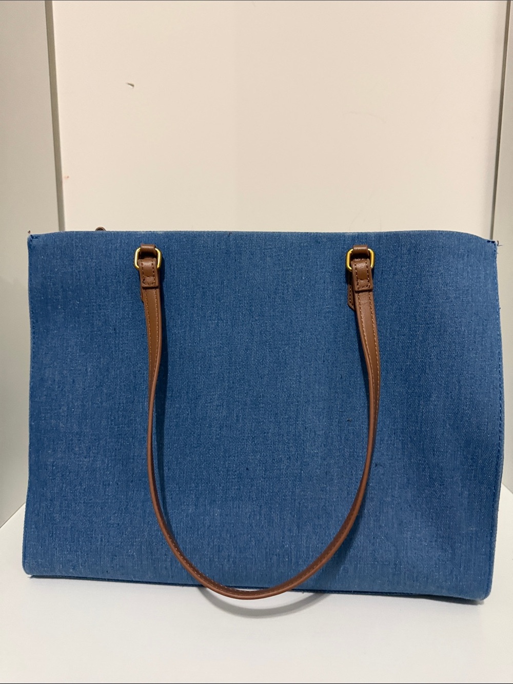 Steve Madden Denim Tote with Brown Trim and Gold Logo - Picture 2 of 2